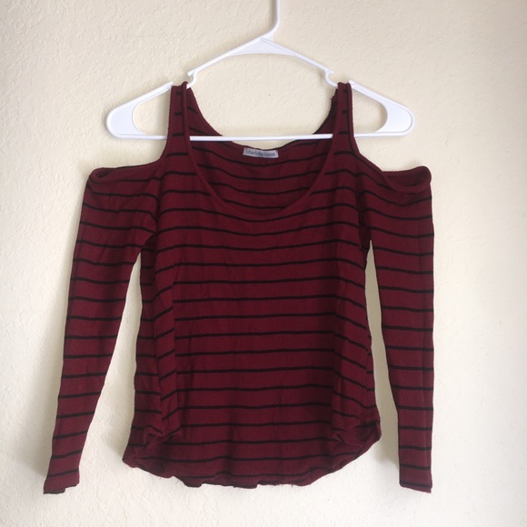 Black & Burgundy Striped Cold Shoulder Top - Picture 1 of 3